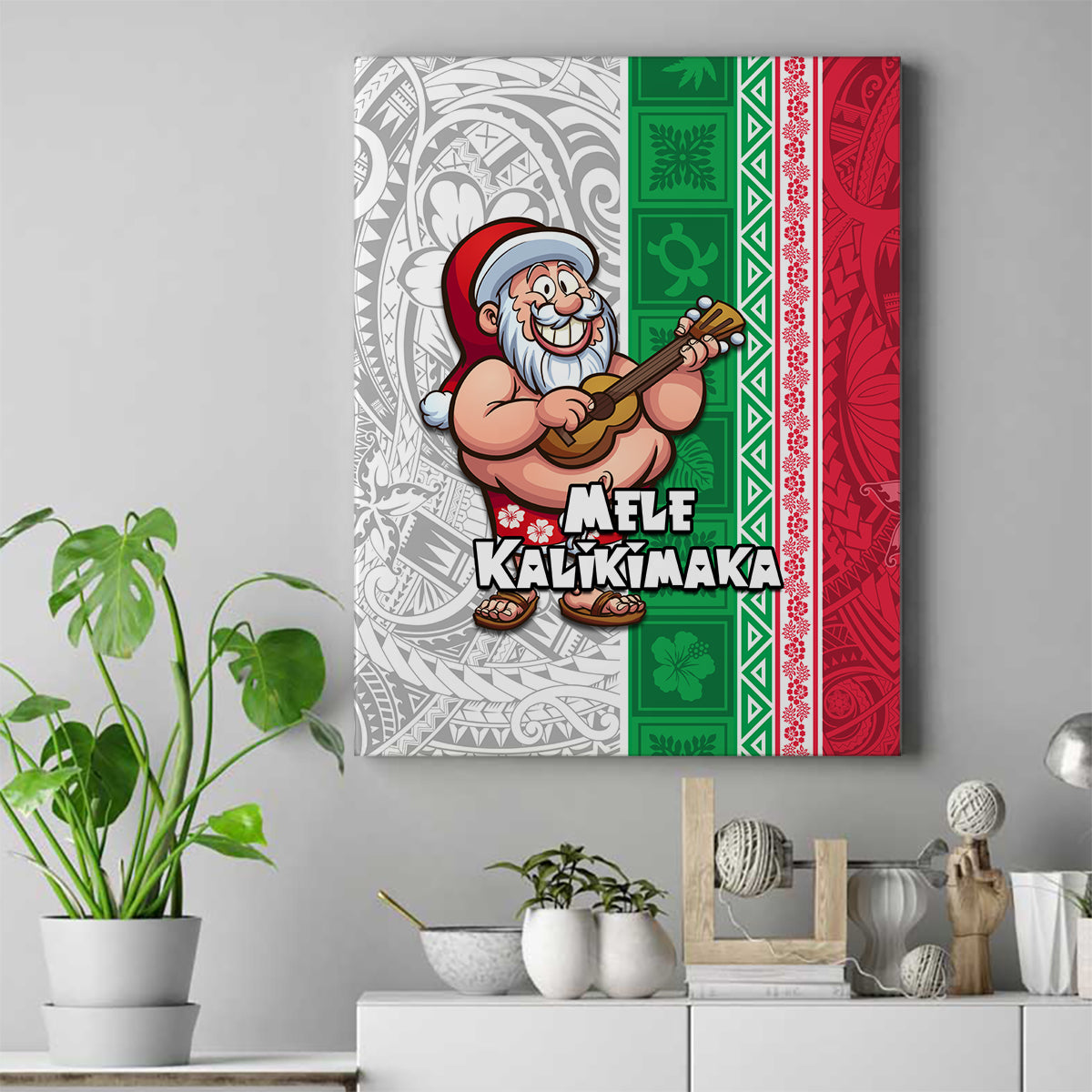 Hawaii Mele Kalikimaka Canvas Wall Art Santa Playing Ukele Mix Kakau Pattern Xmas Style LT03 Red - Polynesian Pride