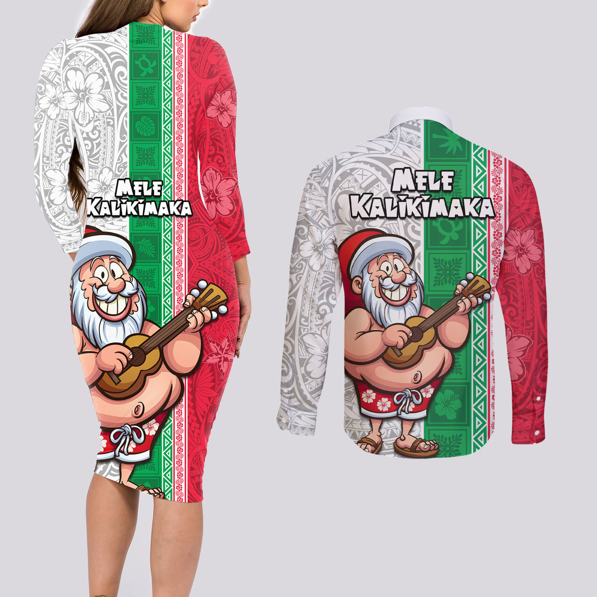 Hawaii Mele Kalikimaka Couples Matching Long Sleeve Bodycon Dress and Long Sleeve Button Shirt Santa Playing Ukele Mix Kakau Pattern Xmas Style LT03 - Polynesian Pride