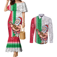 Hawaii Mele Kalikimaka Couples Matching Mermaid Dress and Long Sleeve Button Shirt Santa Playing Ukele Mix Kakau Pattern Xmas Style LT03 Red - Polynesian Pride
