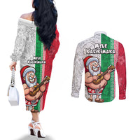 Hawaii Mele Kalikimaka Couples Matching Off The Shoulder Long Sleeve Dress and Long Sleeve Button Shirt Santa Playing Ukele Mix Kakau Pattern Xmas Style LT03 - Polynesian Pride