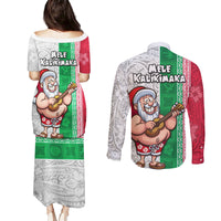Hawaii Mele Kalikimaka Couples Matching Puletasi Dress and Long Sleeve Button Shirt Santa Playing Ukele Mix Kakau Pattern Xmas Style LT03 - Polynesian Pride