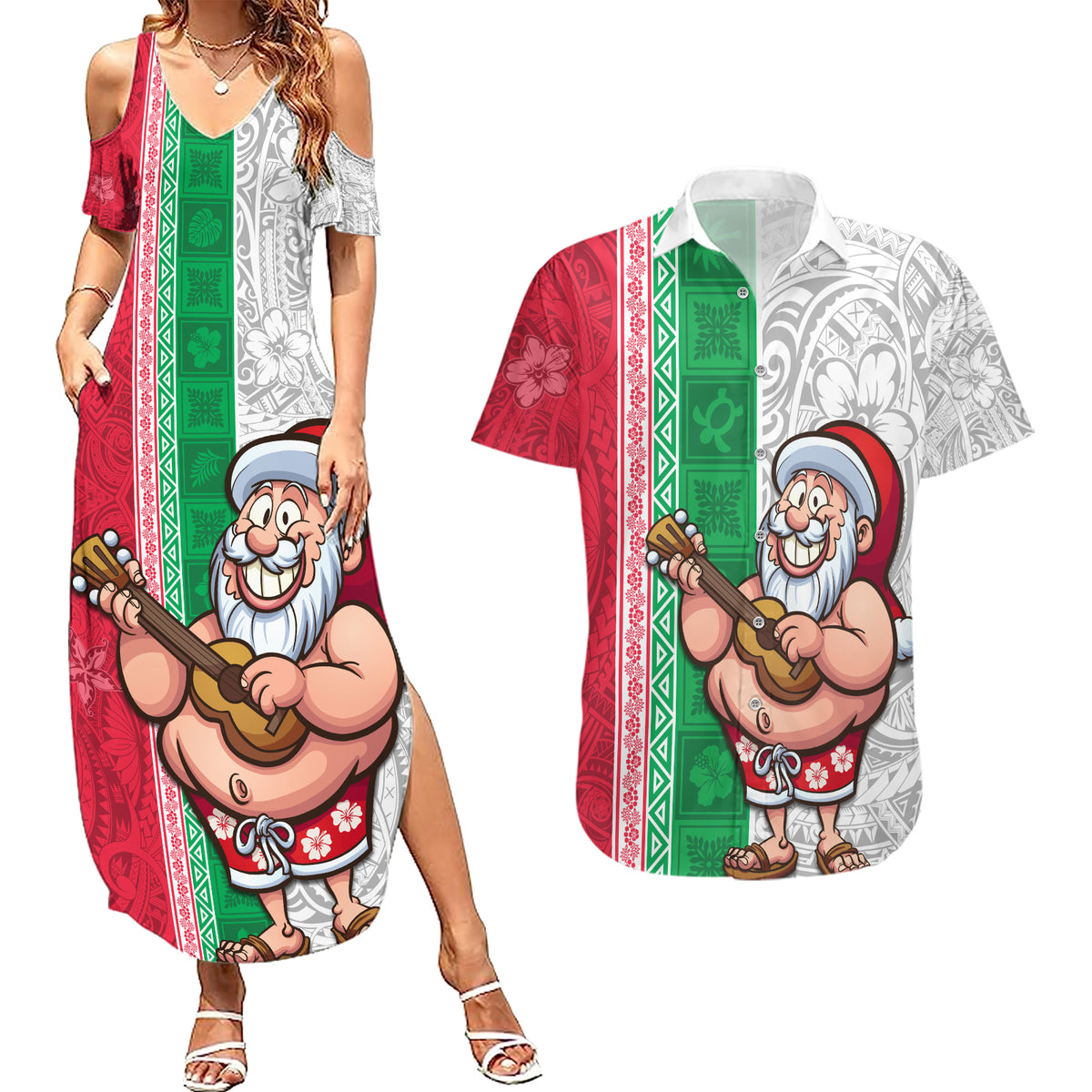 Hawaii Mele Kalikimaka Couples Matching Summer Maxi Dress and Hawaiian Shirt Santa Playing Ukele Mix Kakau Pattern Xmas Style LT03 Red - Polynesian Pride