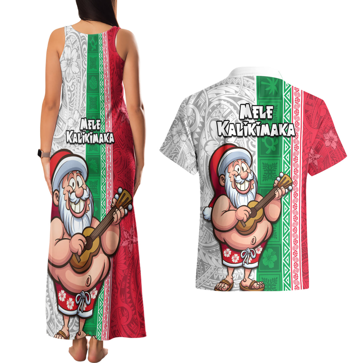 Hawaii Mele Kalikimaka Couples Matching Tank Maxi Dress and Hawaiian Shirt Santa Playing Ukele Mix Kakau Pattern Xmas Style LT03 - Polynesian Pride