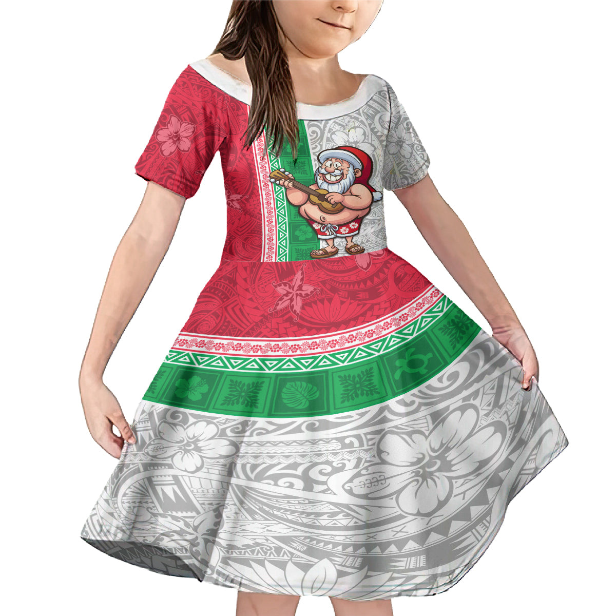 Hawaii Mele Kalikimaka Family Matching Mermaid Dress and Hawaiian Shirt Santa Playing Ukele Mix Kakau Pattern Xmas Style LT03 Daughter's Dress Red - Polynesian Pride