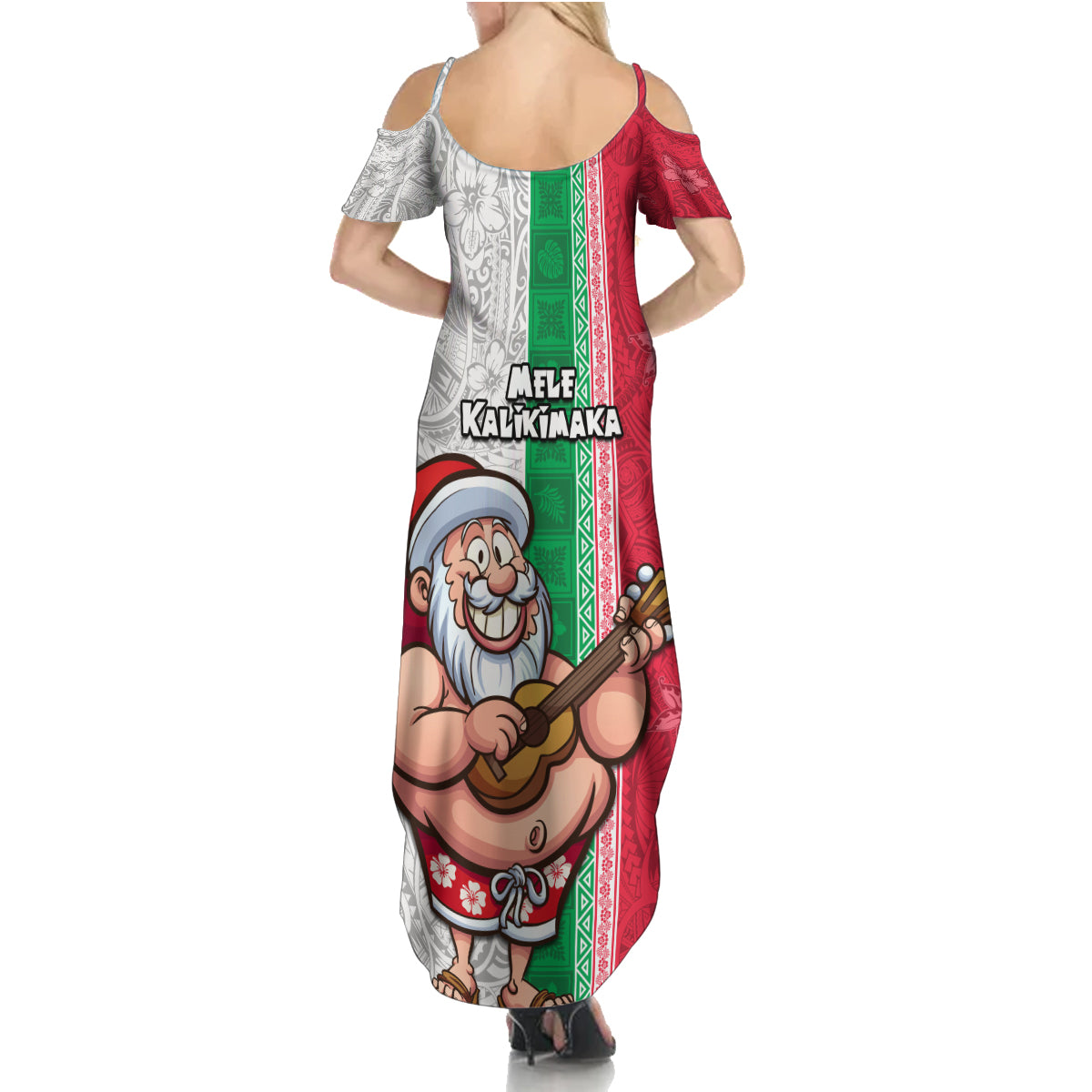 Hawaii Mele Kalikimaka Family Matching Summer Maxi Dress and Hawaiian Shirt Santa Playing Ukele Mix Kakau Pattern Xmas Style LT03 - Polynesian Pride