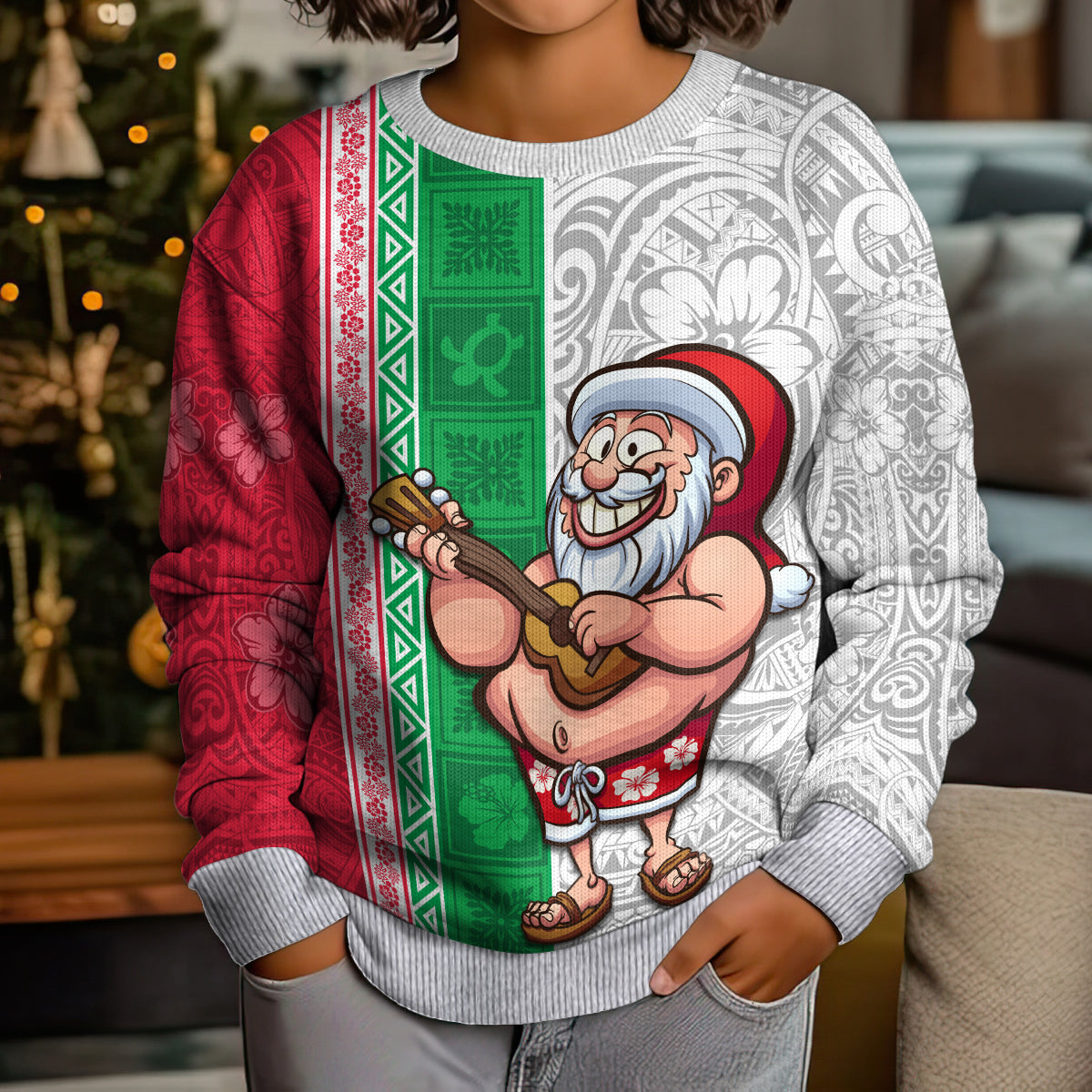 Hawaii Mele Kalikimaka Kid Ugly Christmas Sweater Santa Playing Ukele Mix Kakau Pattern Xmas Style LT03 - Polynesian Pride