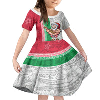 Hawaii Mele Kalikimaka Kid Short Sleeve Dress Santa Playing Ukele Mix Kakau Pattern Xmas Style LT03 KID Red - Polynesian Pride