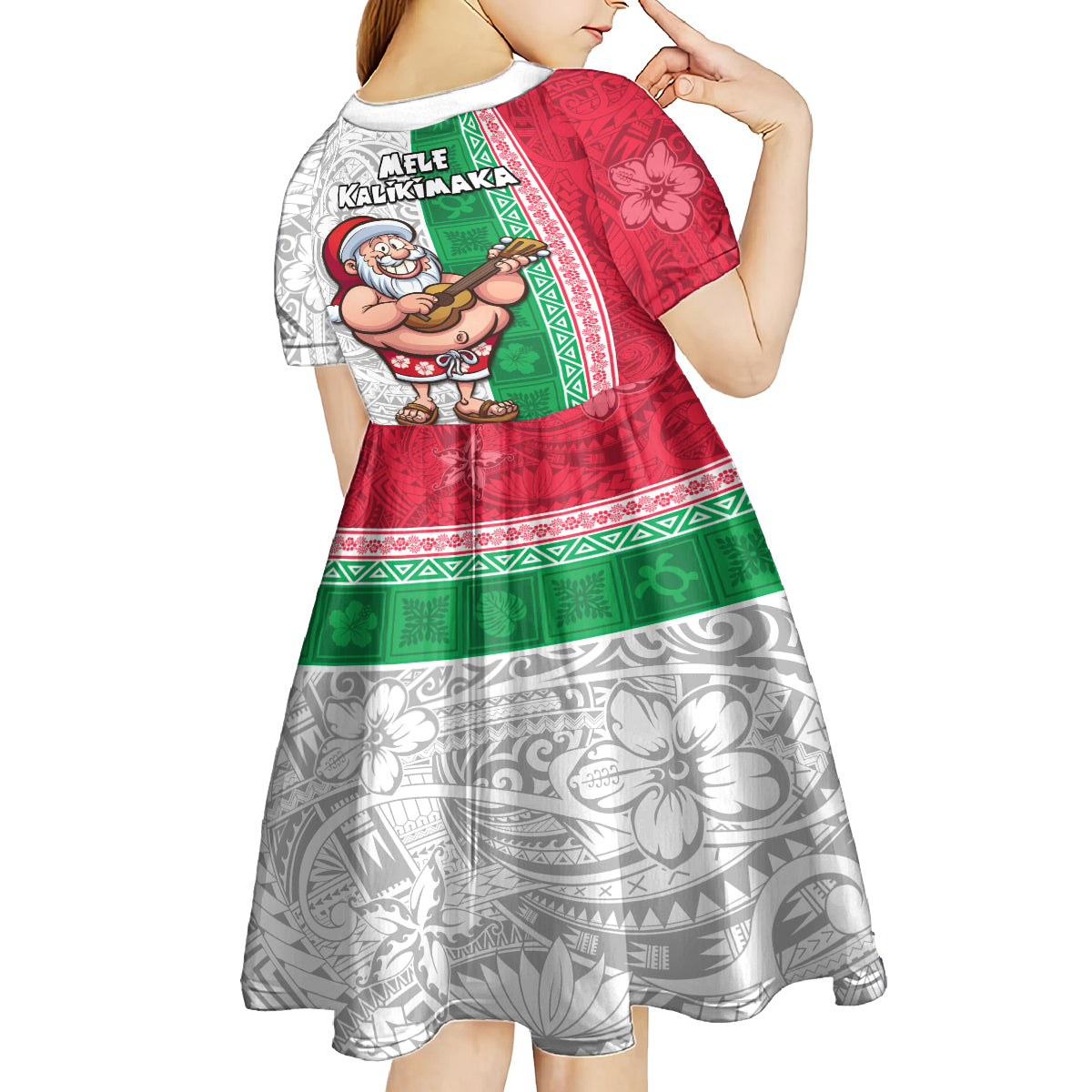 Hawaii Mele Kalikimaka Kid Short Sleeve Dress Santa Playing Ukele Mix Kakau Pattern Xmas Style LT03 - Polynesian Pride