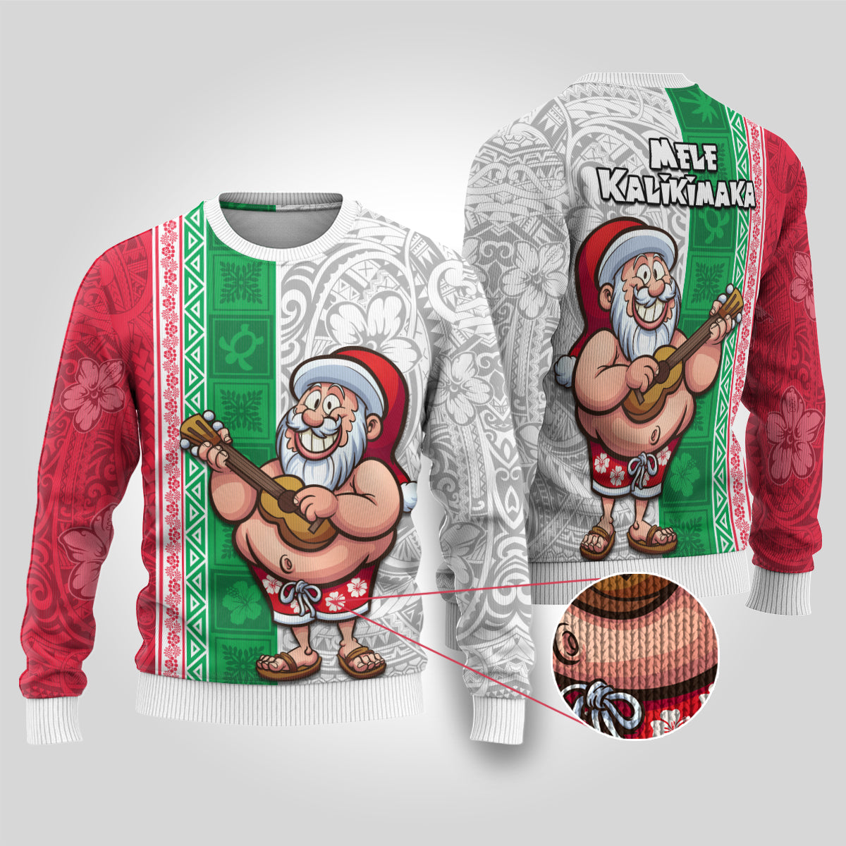 Hawaii Mele Kalikimaka Ugly Christmas Sweater Santa Playing Ukele Mix Kakau Pattern Xmas Style LT03 Red - Polynesian Pride