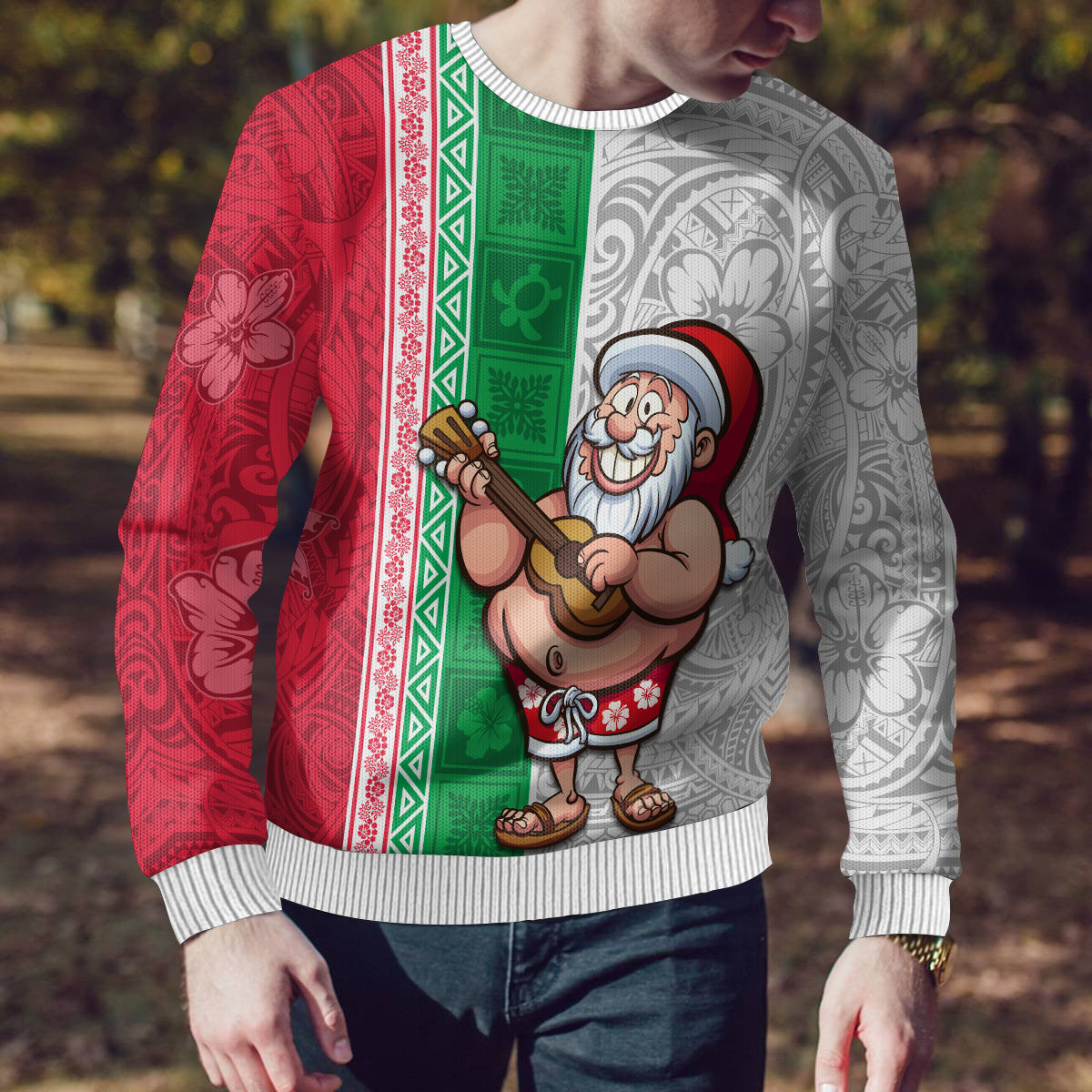 Hawaii Mele Kalikimaka Ugly Christmas Sweater Santa Playing Ukele Mix Kakau Pattern Xmas Style LT03 - Polynesian Pride