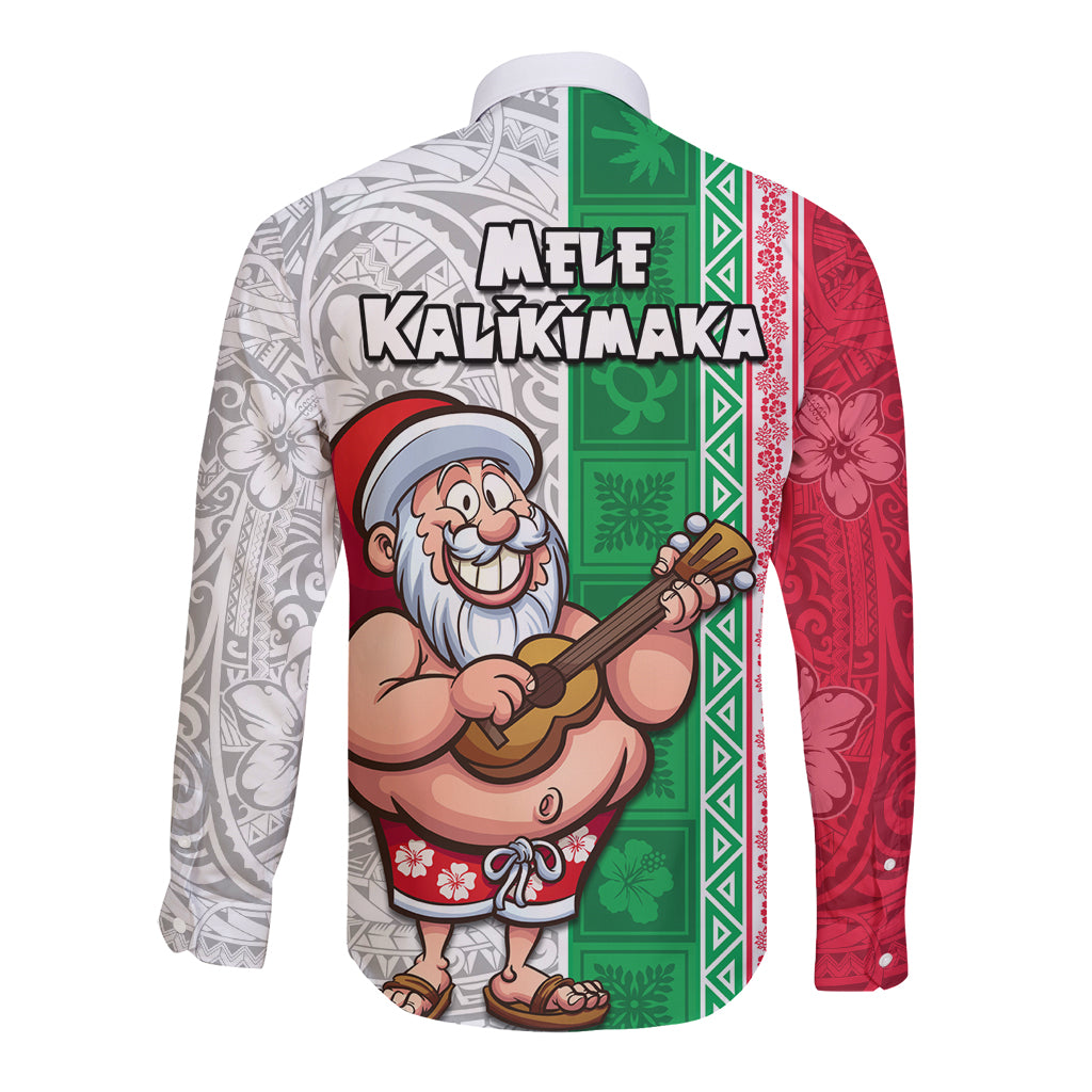 Hawaii Mele Kalikimaka Long Sleeve Button Shirt Santa Playing Ukele Mix Kakau Pattern Xmas Style LT03 - Polynesian Pride