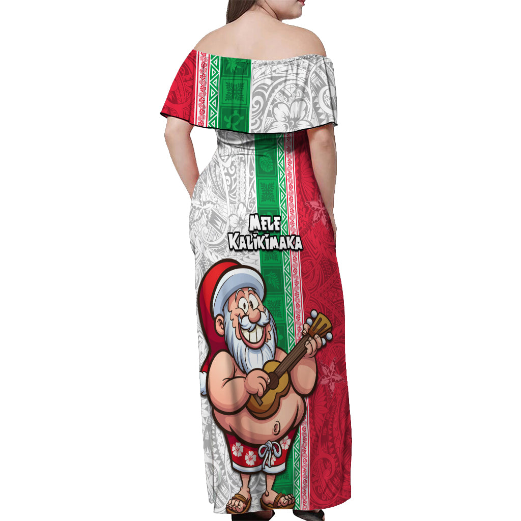 Hawaii Mele Kalikimaka Off Shoulder Maxi Dress Santa Playing Ukele Mix Kakau Pattern Xmas Style LT03 - Polynesian Pride
