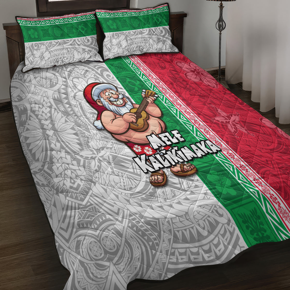 Hawaii Mele Kalikimaka Quilt Bed Set Santa Playing Ukele Mix Kakau Pattern Xmas Style LT03 - Polynesian Pride