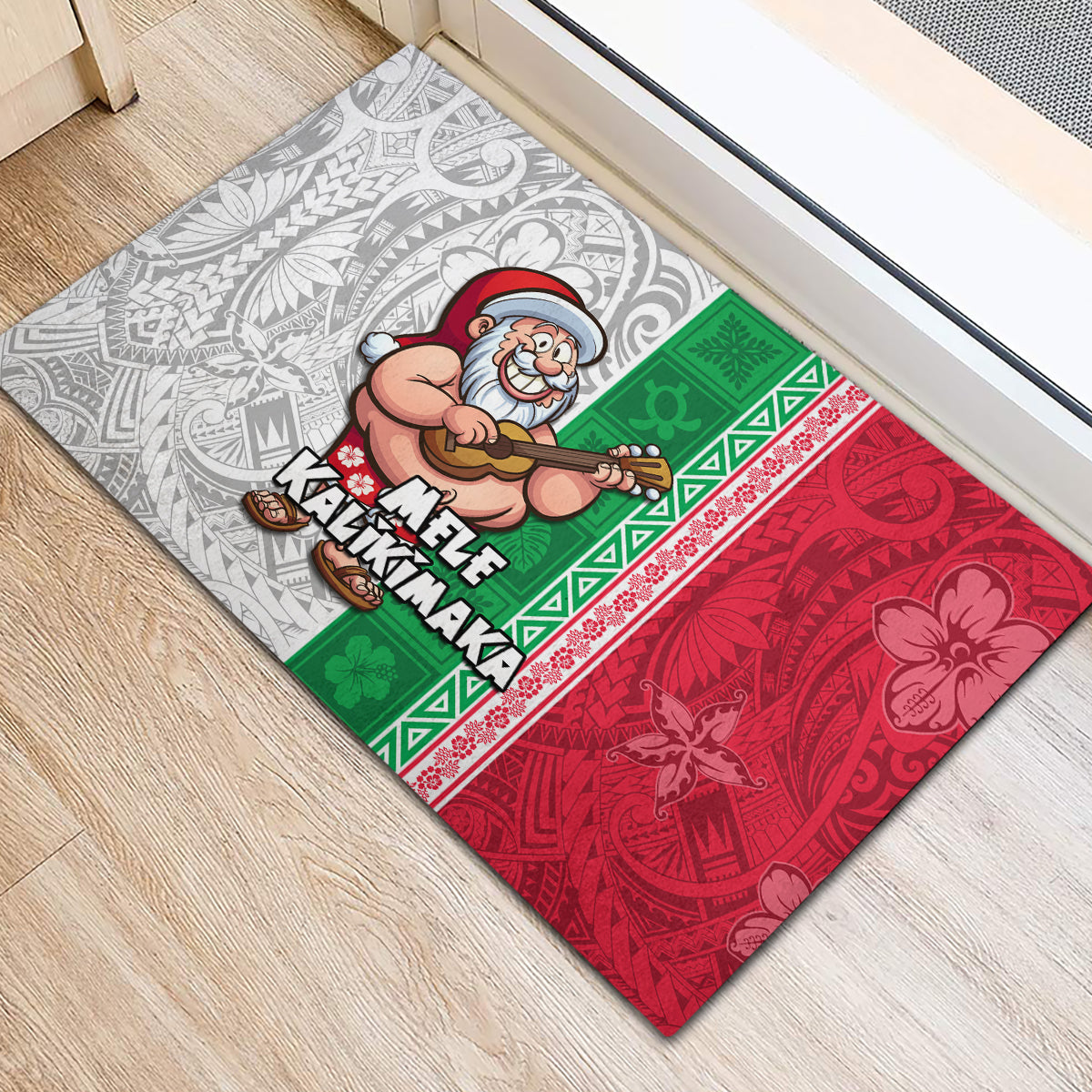Hawaii Mele Kalikimaka Rubber Doormat Santa Playing Ukele Mix Kakau Pattern Xmas Style LT03 - Polynesian Pride