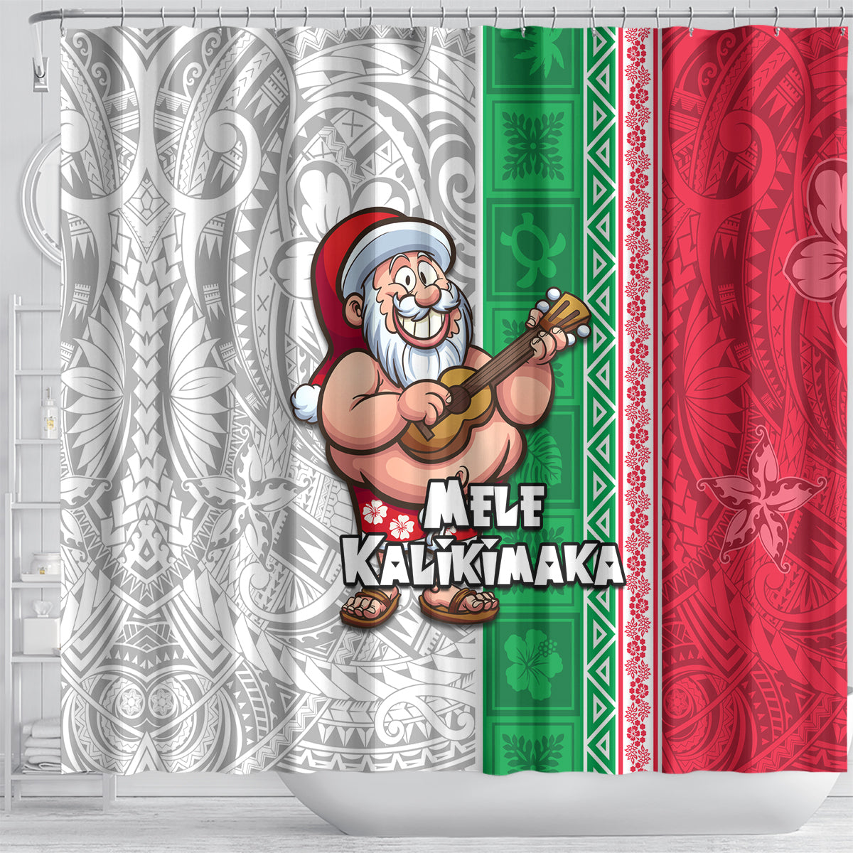 Hawaii Mele Kalikimaka Shower Curtain Santa Playing Ukele Mix Kakau Pattern Xmas Style LT03 - Polynesian Pride