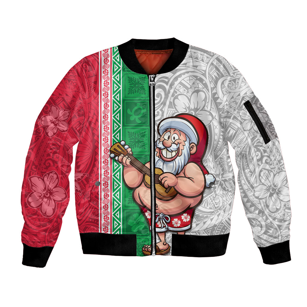 Hawaii Mele Kalikimaka Sleeve Zip Bomber Jacket Santa Playing Ukele Mix Kakau Pattern Xmas Style LT03 Unisex Red - Polynesian Pride