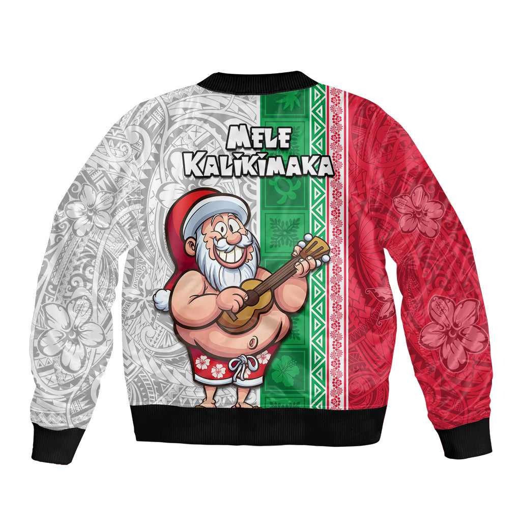 Hawaii Mele Kalikimaka Sleeve Zip Bomber Jacket Santa Playing Ukele Mix Kakau Pattern Xmas Style LT03 - Polynesian Pride
