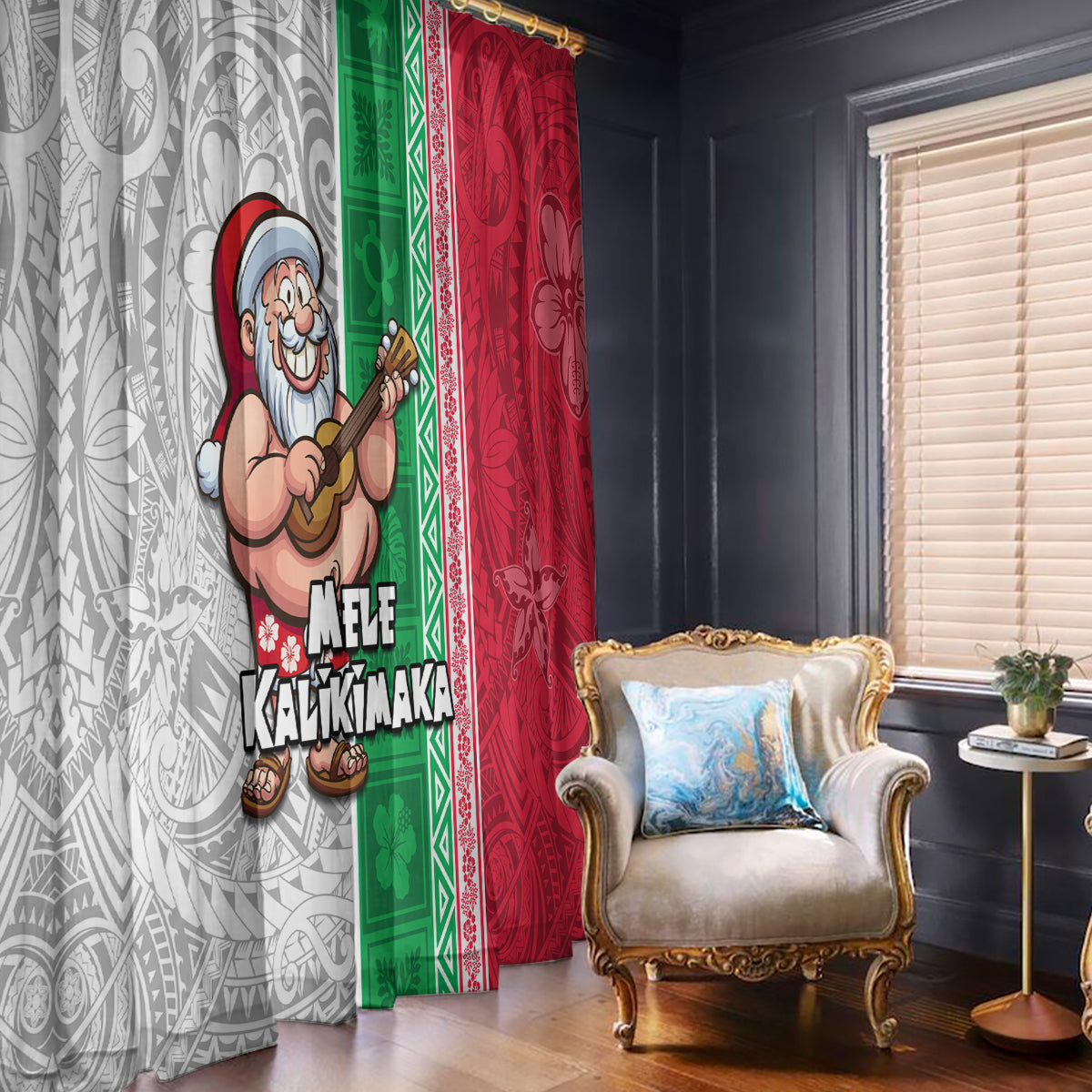 Hawaii Mele Kalikimaka Window Curtain Santa Playing Ukele Mix Kakau Pattern Xmas Style LT03 - Polynesian Pride