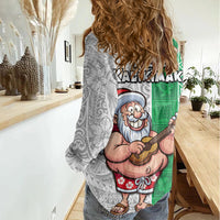 Hawaii Mele Kalikimaka Women Casual Shirt Santa Playing Ukele Mix Kakau Pattern Xmas Style LT03 - Polynesian Pride