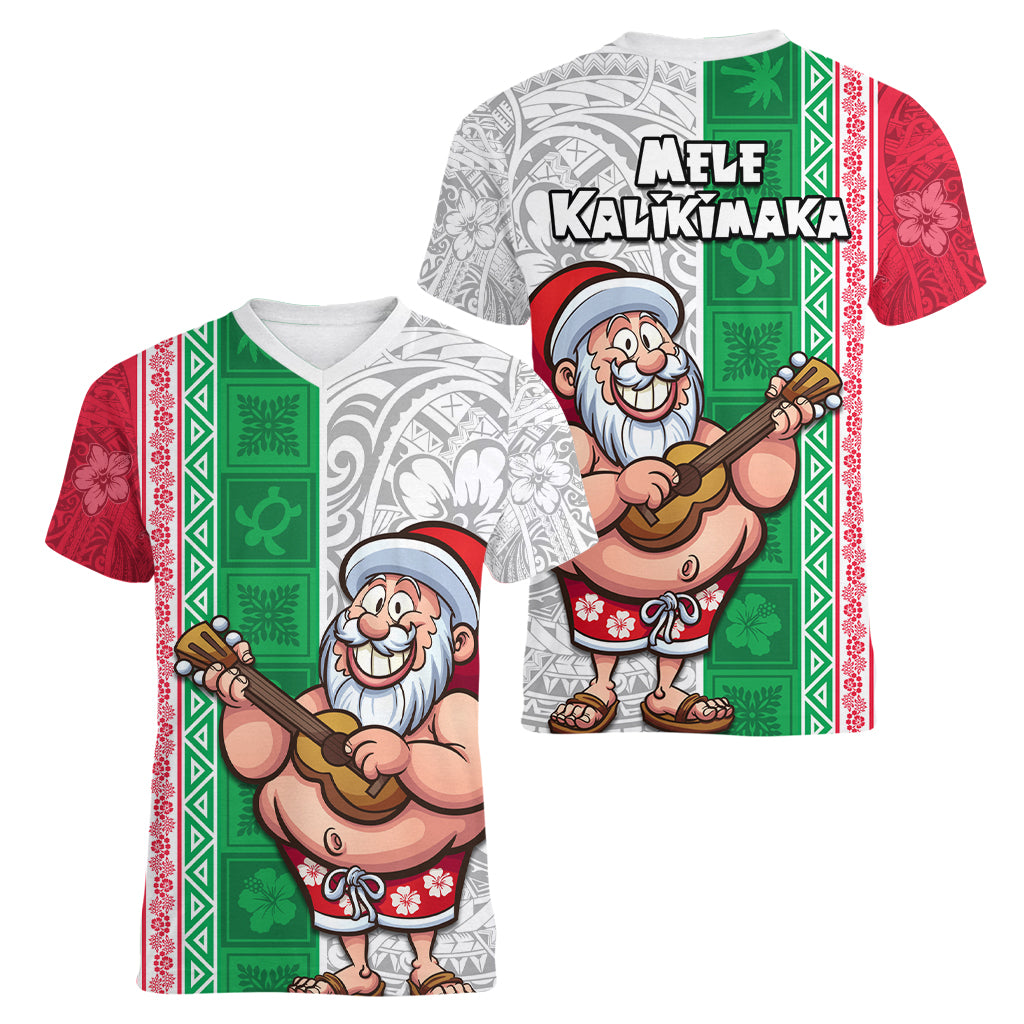 Hawaii Mele Kalikimaka Women V Neck T Shirt Santa Playing Ukele Mix Kakau Pattern Xmas Style LT03 - Polynesian Pride