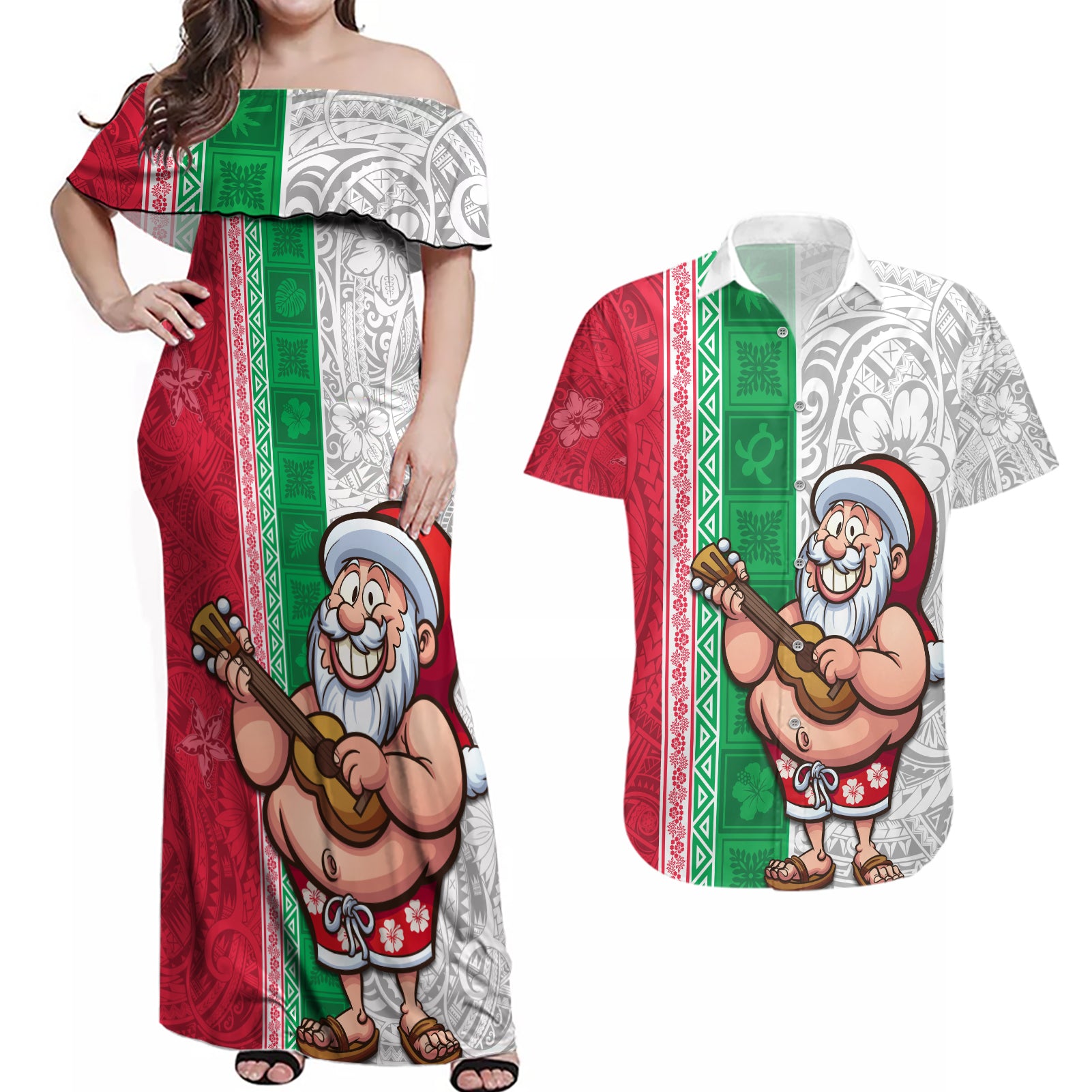 Custom Hawaii Mele Kalikimaka Couples Matching Off Shoulder Maxi Dress and Hawaiian Shirt Santa Playing Ukele Mix Kakau Pattern Xmas Style LT03 Red - Polynesian Pride