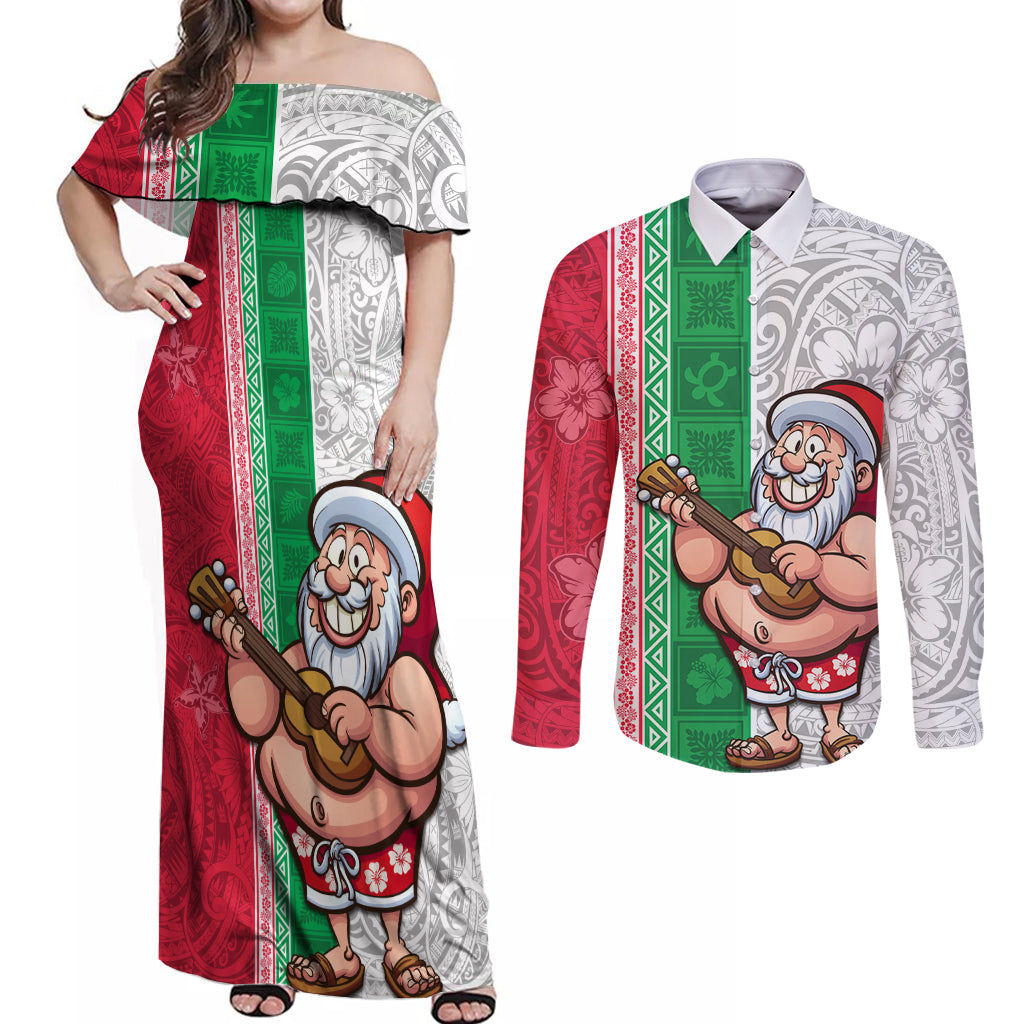 Custom Hawaii Mele Kalikimaka Couples Matching Off Shoulder Maxi Dress and Long Sleeve Button Shirt Santa Playing Ukele Mix Kakau Pattern Xmas Style LT03 Red - Polynesian Pride