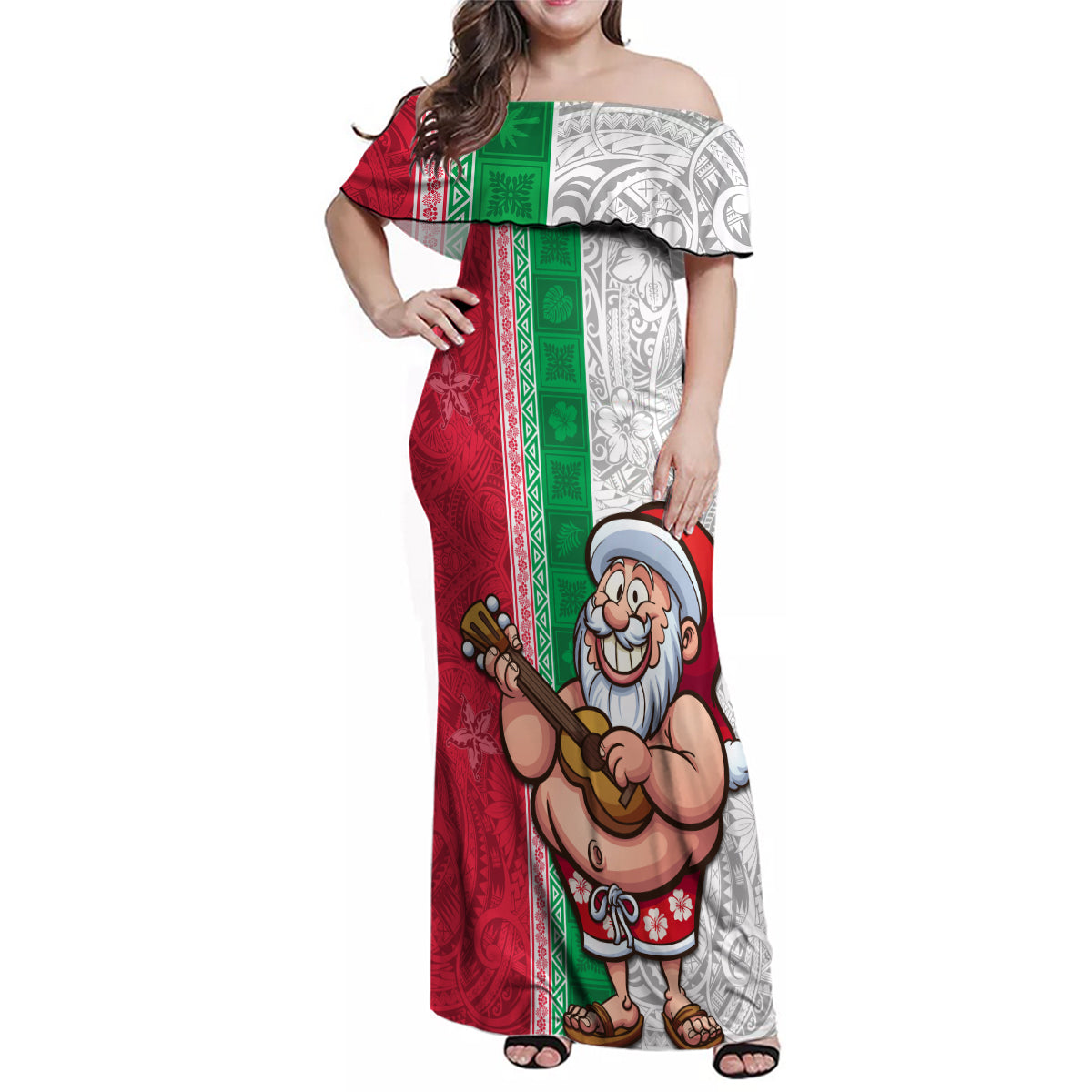 Custom Hawaii Mele Kalikimaka Family Matching Off Shoulder Maxi Dress and Hawaiian Shirt Santa Playing Ukele Mix Kakau Pattern Xmas Style LT03 Mom's Dress Red - Polynesian Pride