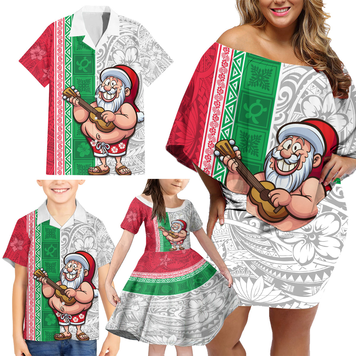 Custom Hawaii Mele Kalikimaka Family Matching Off Shoulder Short Dress and Hawaiian Shirt Santa Playing Ukele Mix Kakau Pattern Xmas Style LT03 - Polynesian Pride