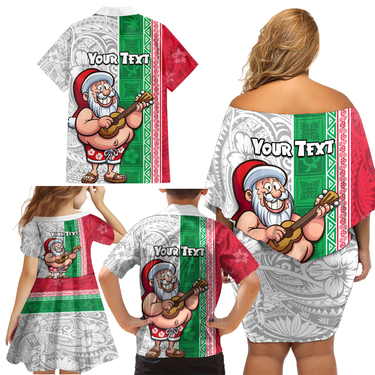 Custom Hawaii Mele Kalikimaka Family Matching Off Shoulder Short Dress and Hawaiian Shirt Santa Playing Ukele Mix Kakau Pattern Xmas Style LT03 - Polynesian Pride