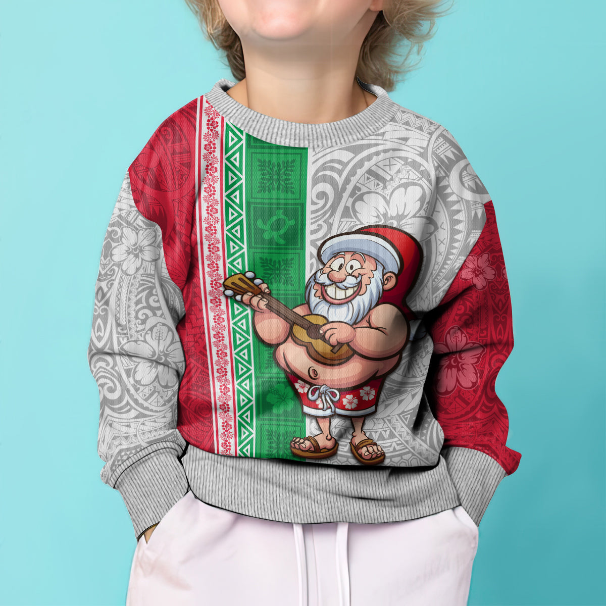 Custom Hawaii Mele Kalikimaka Kid Ugly Christmas Sweater Santa Playing Ukele Mix Kakau Pattern Xmas Style LT03 - Polynesian Pride