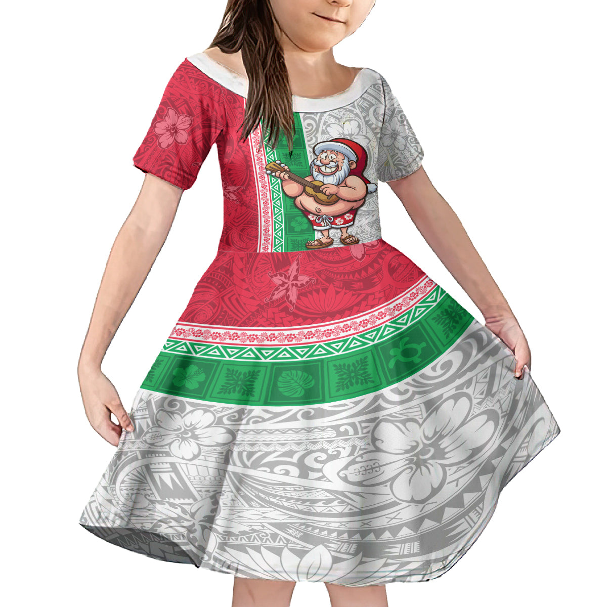 Custom Hawaii Mele Kalikimaka Kid Short Sleeve Dress Santa Playing Ukele Mix Kakau Pattern Xmas Style LT03 KID Red - Polynesian Pride