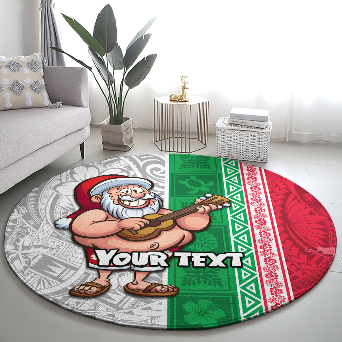 Custom Hawaii Mele Kalikimaka Round Carpet Santa Playing Ukele Mix Kakau Pattern Xmas Style LT03 - Polynesian Pride