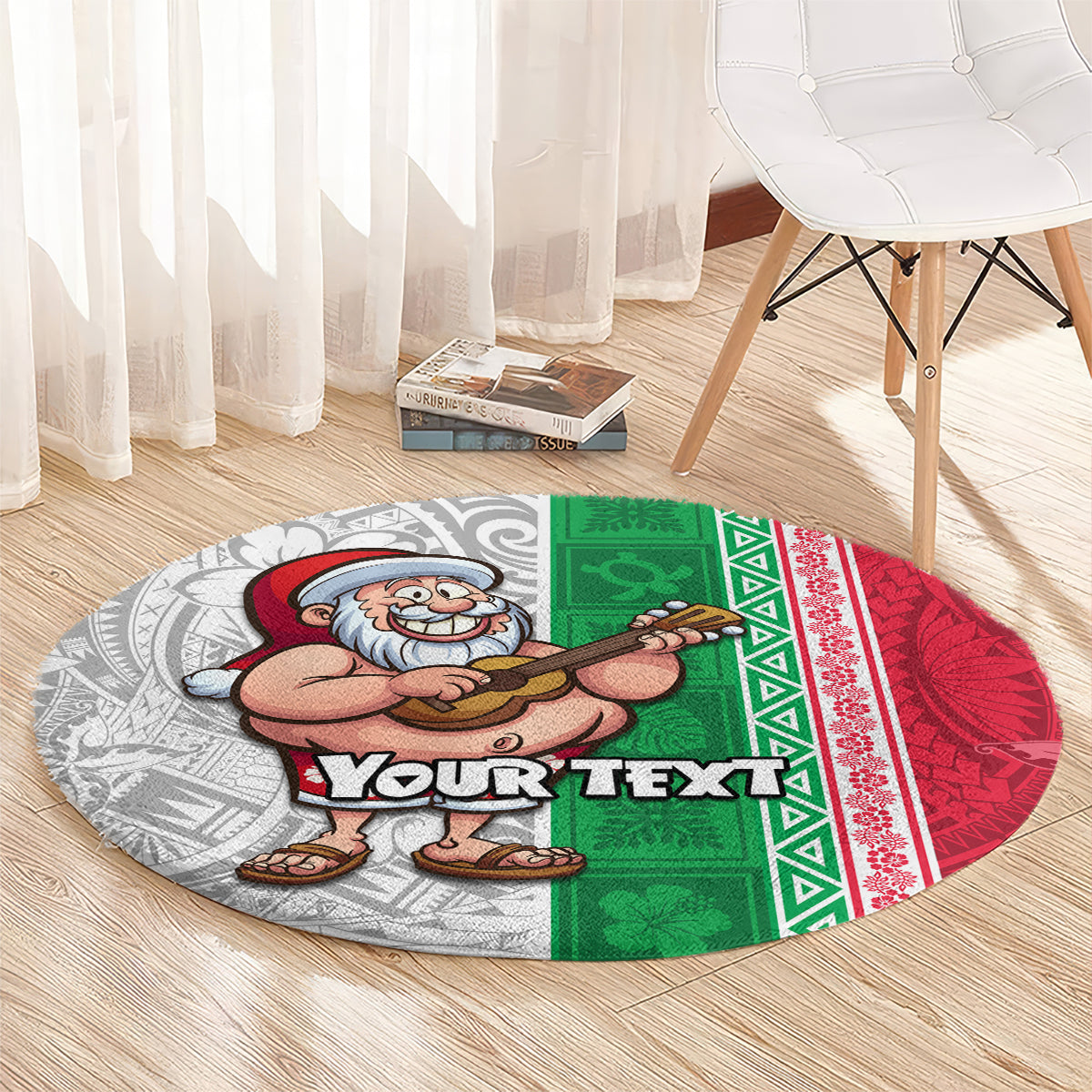 Custom Hawaii Mele Kalikimaka Round Carpet Santa Playing Ukele Mix Kakau Pattern Xmas Style LT03 - Polynesian Pride