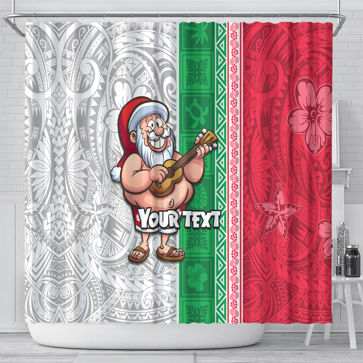 Custom Hawaii Mele Kalikimaka Shower Curtain Santa Playing Ukele Mix Kakau Pattern Xmas Style LT03 - Polynesian Pride