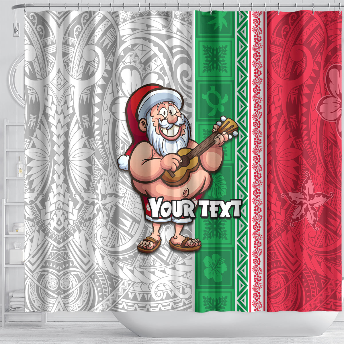 Custom Hawaii Mele Kalikimaka Shower Curtain Santa Playing Ukele Mix Kakau Pattern Xmas Style LT03 - Polynesian Pride