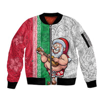Custom Hawaii Mele Kalikimaka Sleeve Zip Bomber Jacket Santa Playing Ukele Mix Kakau Pattern Xmas Style LT03 Unisex Red - Polynesian Pride