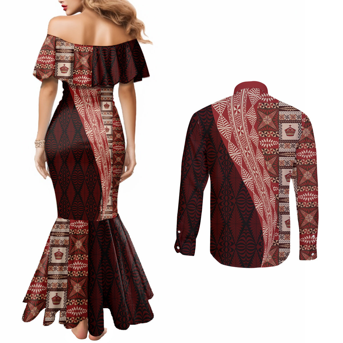 Tonga Fonulei and Ngatu Pattern Couples Matching Mermaid Dress and Long Sleeve Button Shirt LT03 - Polynesian Pride