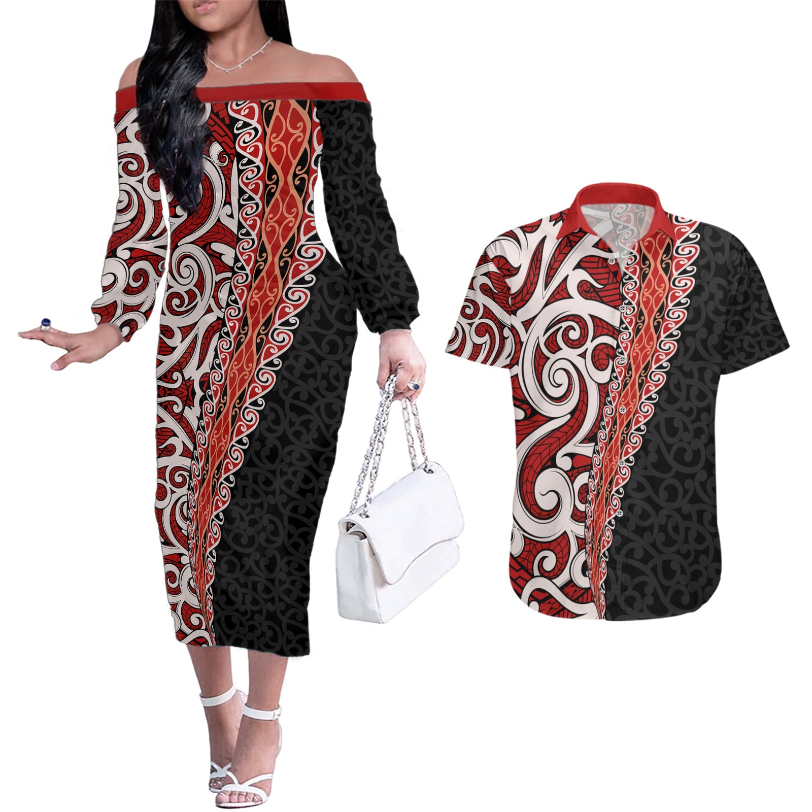 New Zealand Maori Stylized Koru Couples Matching Off The Shoulder Long Sleeve Dress and Hawaiian Shirt LT03 Red - Polynesian Pride