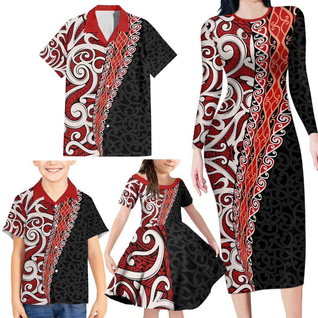 New Zealand Maori Stylized Koru Family Matching Long Sleeve Bodycon Dress and Hawaiian Shirt LT03