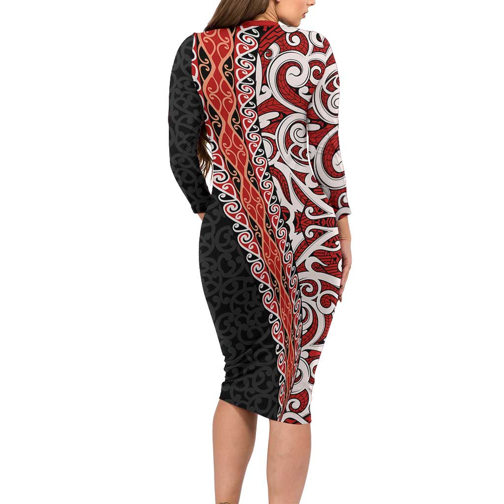 New Zealand Maori Stylized Koru Family Matching Long Sleeve Bodycon Dress and Hawaiian Shirt LT03