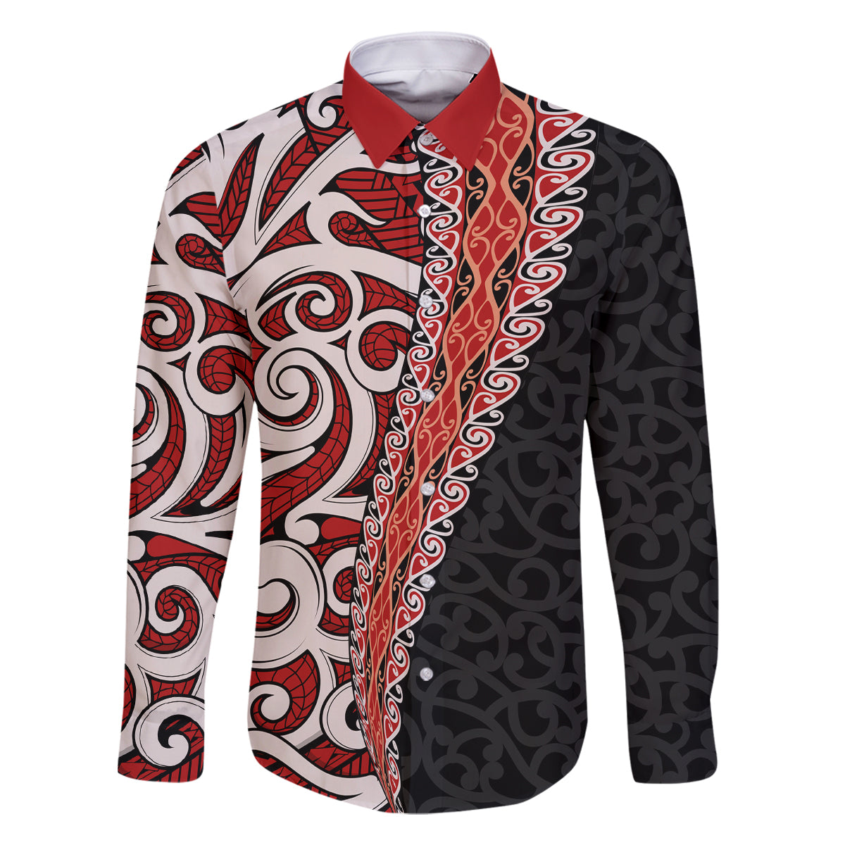 New Zealand Maori Stylized Koru Family Matching Off Shoulder Maxi Dress and Hawaiian Shirt LT03 Dad's Shirt - Long Sleeve Red - Polynesian Pride