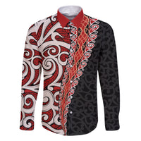 New Zealand Maori Stylized Koru Family Matching Short Sleeve Bodycon Dress and Hawaiian Shirt LT03 Dad's Shirt - Long Sleeve Red - Polynesian Pride