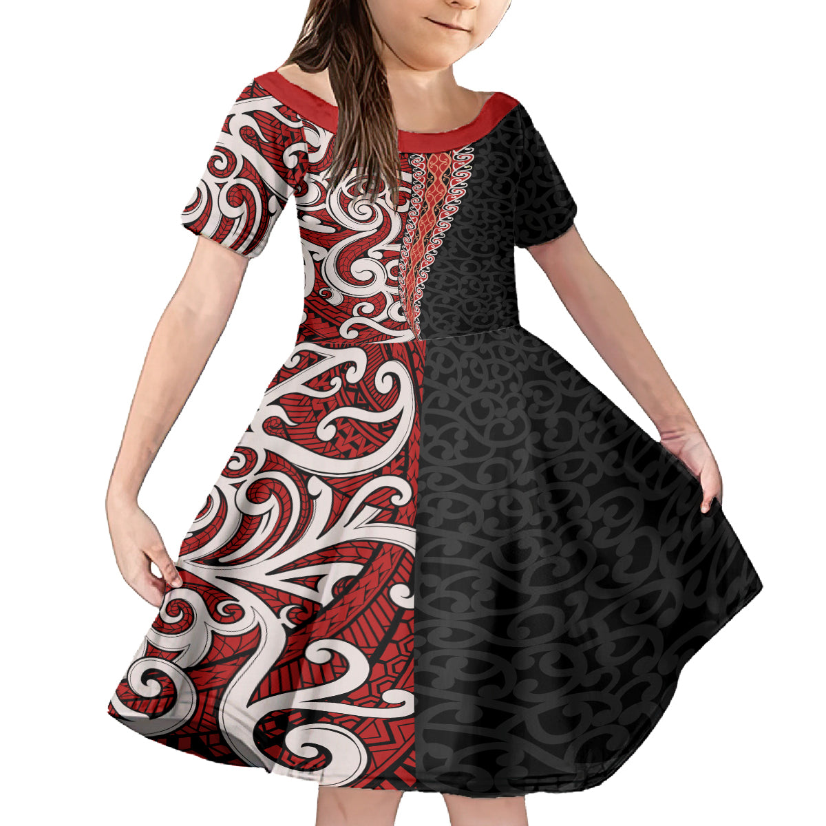 New Zealand Maori Stylized Koru Family Matching Summer Maxi Dress and Hawaiian Shirt LT03 Daughter's Dress Red - Polynesian Pride