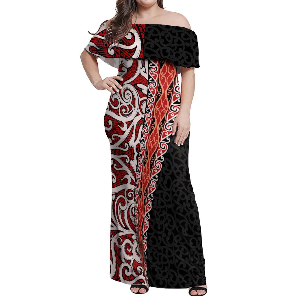 New Zealand Maori Stylized Koru Off Shoulder Maxi Dress LT03 Women Red - Polynesian Pride