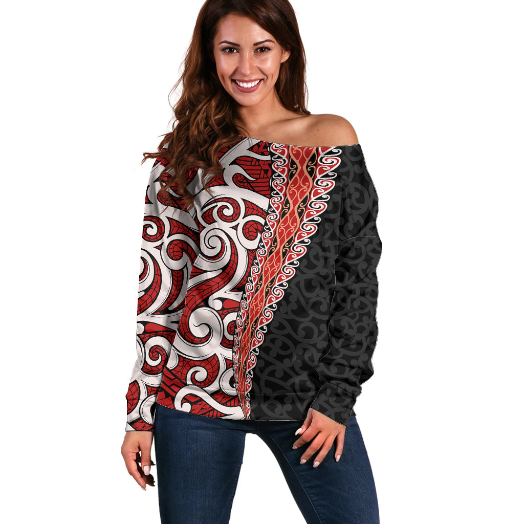 New Zealand Maori Stylized Koru Off Shoulder Sweater LT03 Women Red - Polynesian Pride