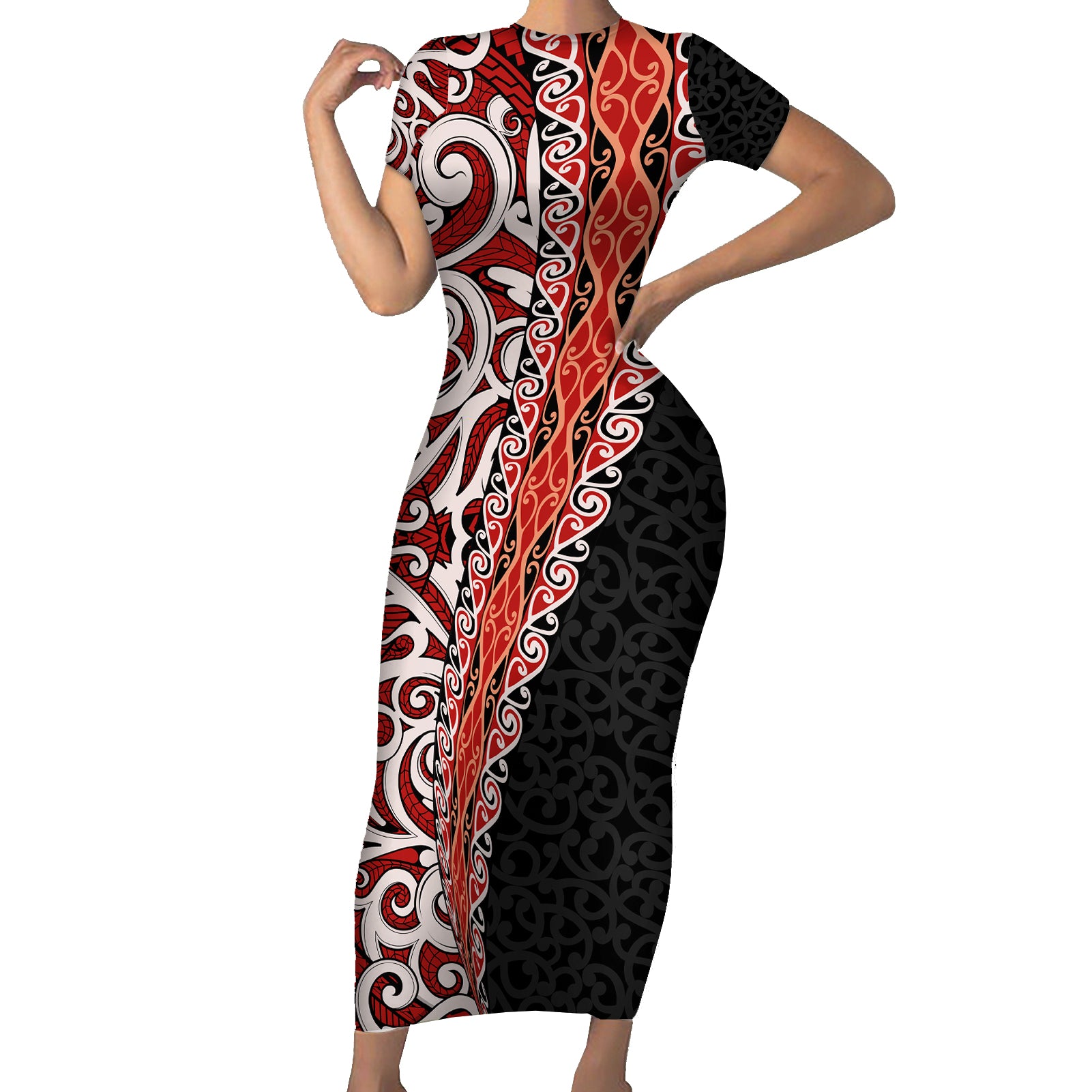 New Zealand Maori Stylized Koru Short Sleeve Bodycon Dress LT03 Long Dress Red - Polynesian Pride