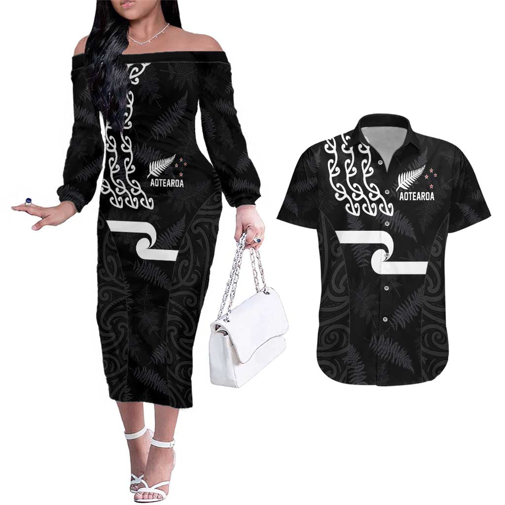 New Zealand Rugby Custom Couples Matching Off The Shoulder Long Sleeve Dress and Hawaiian Shirt The Champions Aotearoa