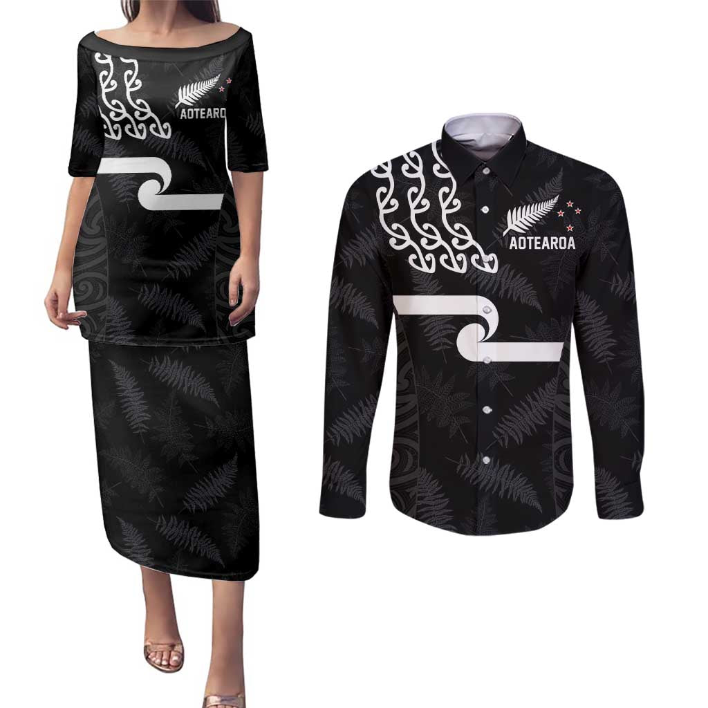 New Zealand Rugby Custom Couples Matching Puletasi and Long Sleeve Button Shirt The Champions Aotearoa LT03 Black - Polynesian Pride