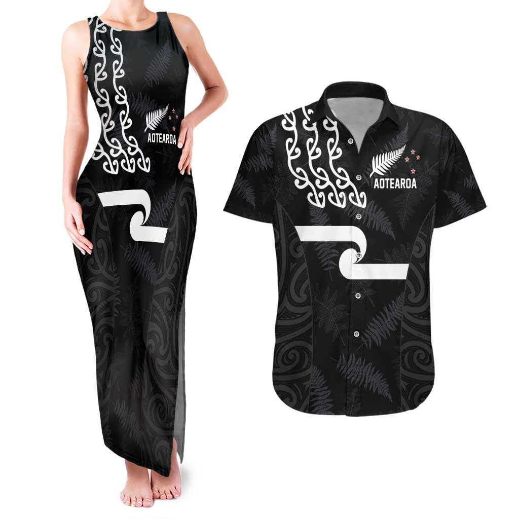 New Zealand Rugby Custom Couples Matching Tank Maxi Dress and Hawaiian Shirt The Champions Aotearoa LT03 Black - Polynesian Pride
