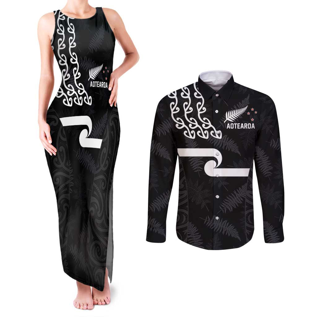 New Zealand Rugby Custom Couples Matching Tank Maxi Dress and Long Sleeve Button Shirt The Champions Aotearoa LT03 Black - Polynesian Pride